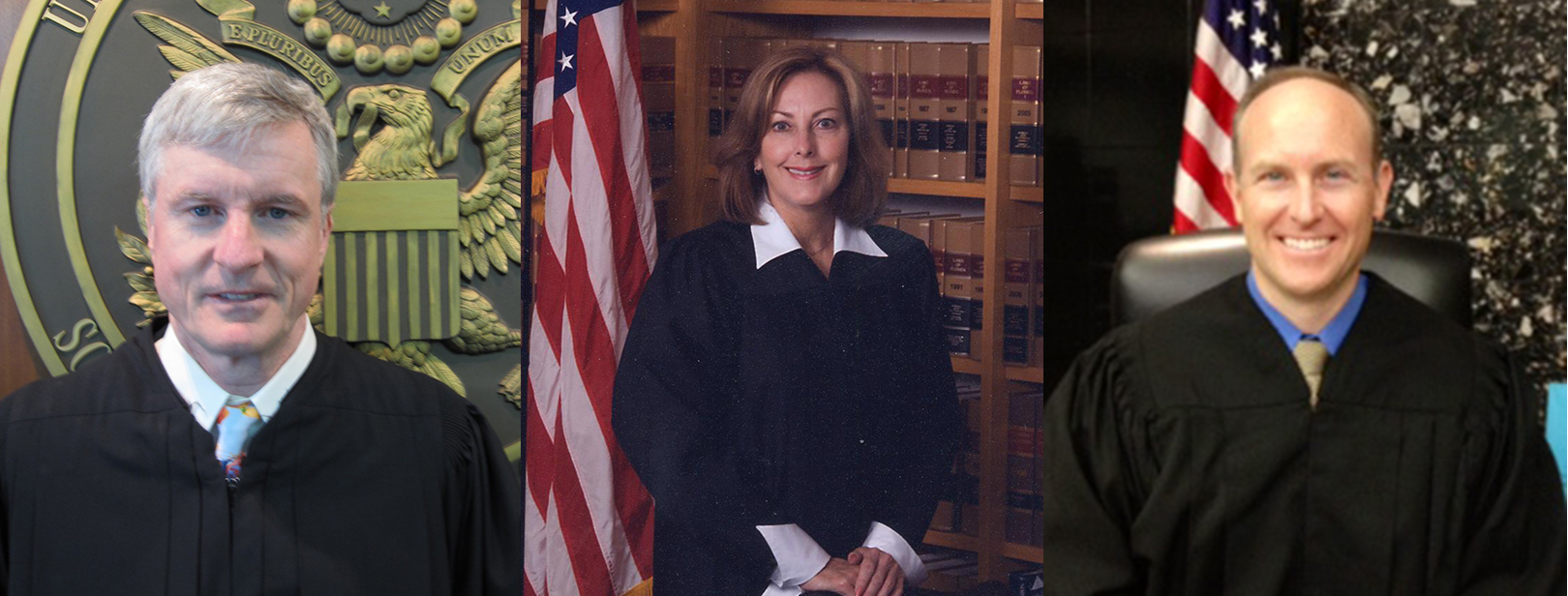 Three portraits of two male and two female judges in formal attire